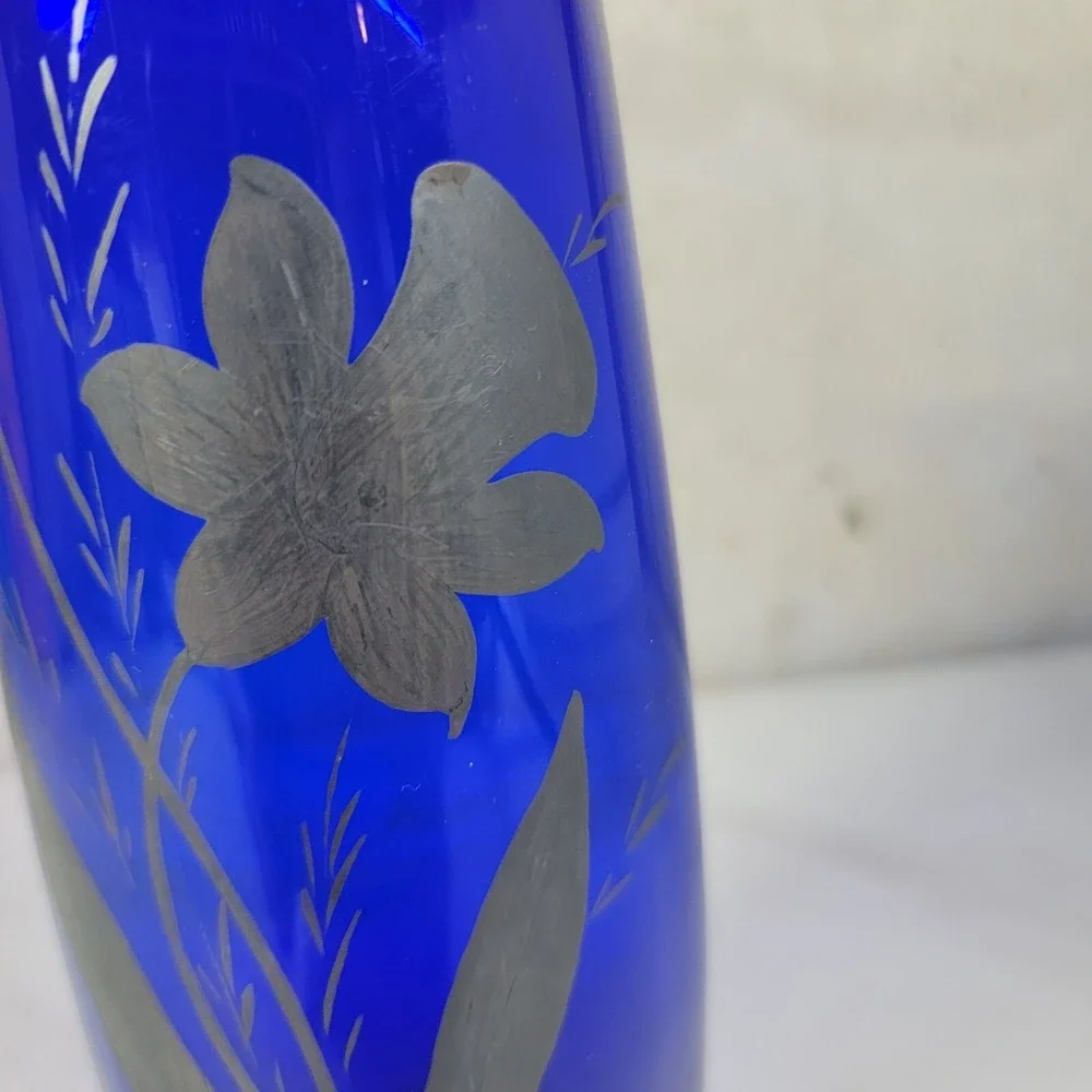 Vintage Cobalt Blue Czech Glass 8.5 Inch Vase Hand Painted‎ Silver Flowers